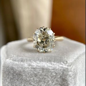 Old mine cut moissanite 14k yellow gold satin finish ring Sustainable eco friend